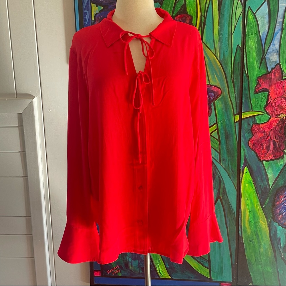 $15 SALE Vibrant Red Tie-Front Blouse LOFT Bell Sleeve Party Layering Business